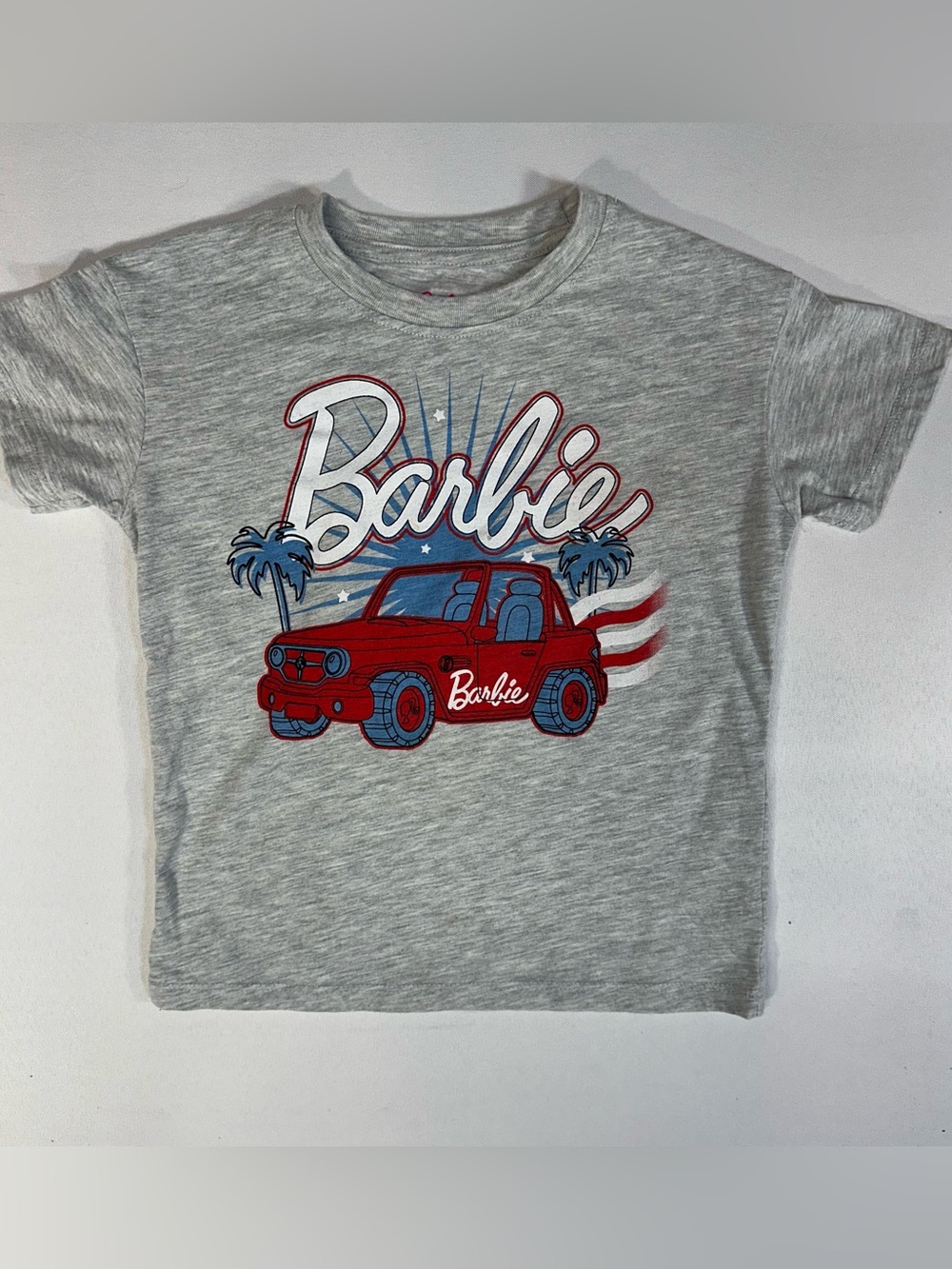 Barbie Girls 5T Gray Graphic T-Shirt Red Jeep Palm Trees Tee
